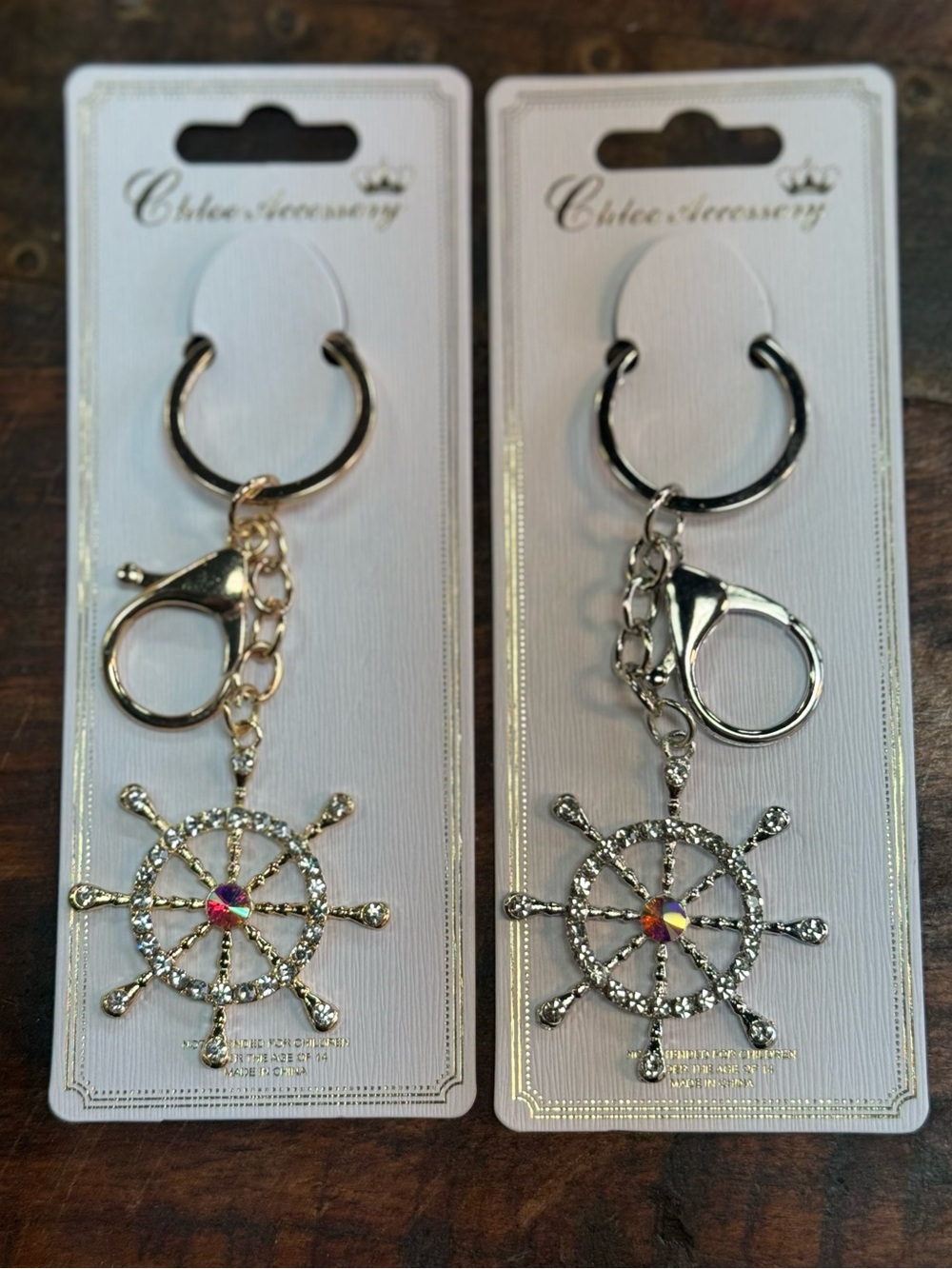 Gold & Silver Nautical Wheel Keychain -โ Rhinestone Accent